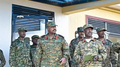 CDF Gen Muhoozi Kainerugaba with Brig. Asaph Mweteise (R) at Camp Rufu in Kiruhura district