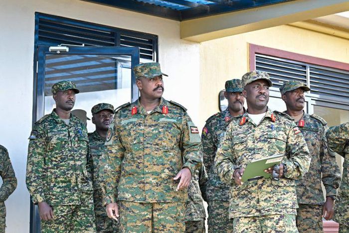 CDF Gen Muhoozi Kainerugaba with Brig. Asaph Mweteise (R) at Camp Rufu in Kiruhura district