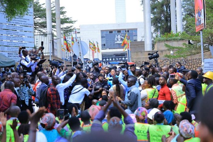 Speaker Anitah Among listening to the protesting city cleaners