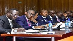Officials from the Gender Ministry and Private Sector Foundation led by Kibenge (L) before the PAC