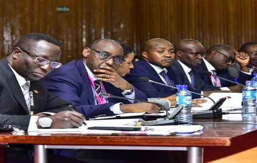 Officials from the Gender Ministry and Private Sector Foundation led by Kibenge (L) before the PAC