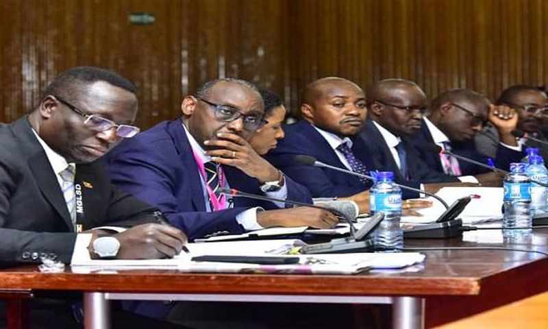 Officials from the Gender Ministry and Private Sector Foundation led by Kibenge (L) before the PAC
