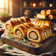 An AI-generated image of perfectly flaky, juicy, homemade sausage rolls
