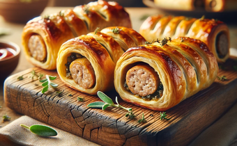 An AI-generated image of perfectly flaky, juicy, homemade sausage rolls