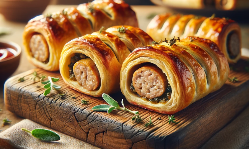 An AI-generated image of perfectly flaky, juicy, homemade sausage rolls