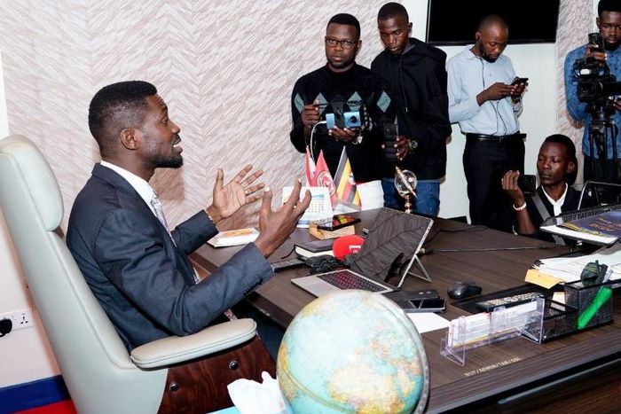 Bobi Wine address press at the NUP offices on Thursday