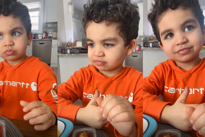 Adorable baby boy reviewing chef's cooking