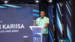 Next Media Group CEO Kin Kariisa speaking at the launch of the Next Wowzi app in June 2023