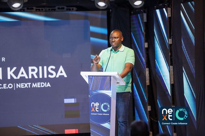 Next Media Group CEO Kin Kariisa speaking at the launch of the Next Wowzi app in June 2023