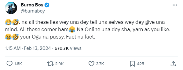 Burna Boy calls Davido a pussy [X/Burna Boy]