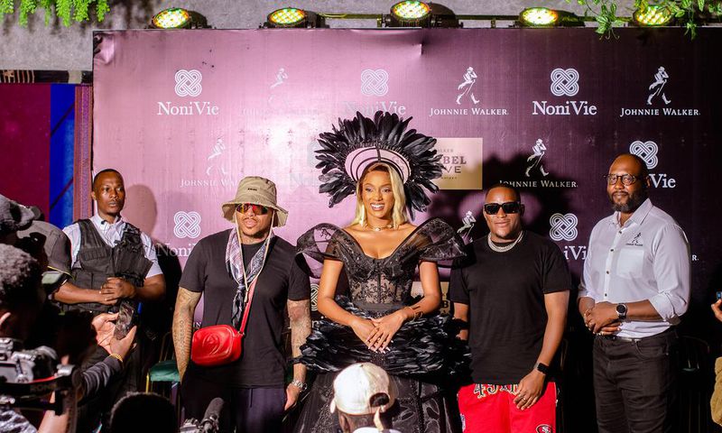 Chef Eduardo Bordereau from the UK, Ms Bree Wilson, Director Noni Vie, Dj Lebza, The Villian from South Africa and Agaba Tumusiime, Reserve Brand Ambassador, UBL pose for a photo moment