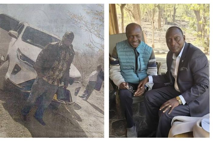 Omutaka Lwomwa Lwasi of Ndiga clan and his colleagues posing for photos en-route to see Kabaka Mutebi, before their arrest