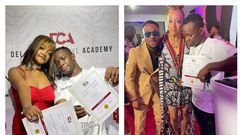 Yash Popy poses with a clasmate and his teachers at the graduation event