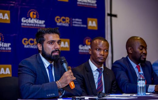 Goldstar execs Jay Sakaria, Asibat Mwambu and Enock Mudadi addressing press on Tuesday