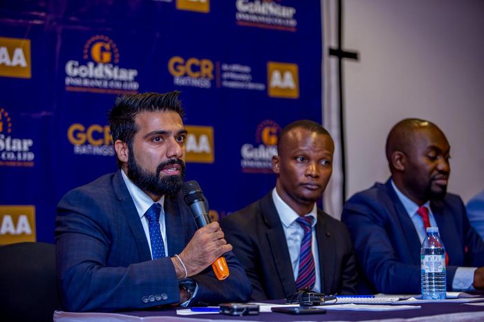 Goldstar execs Jay Sakaria, Asibat Mwambu and Enock Mudadi addressing press on Tuesday