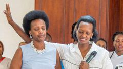 Patience Museveni Rwabwogo with her sister Natasha Museveni Karugire (L)