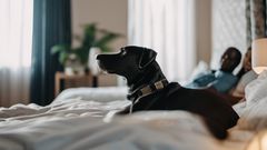 A couple in the bedroom and their dog lying in bed