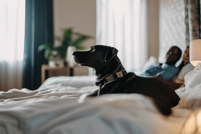 A couple in the bedroom and their dog lying in bed