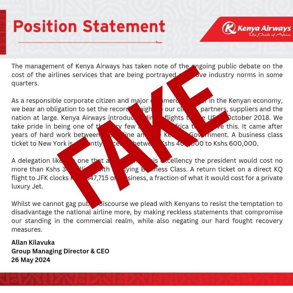 Kenya Airways (KQ) has categorically denied the authenticity of a viral statement circulating online.