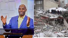 A collage of Prophet Kakande and a scene from the earthquake