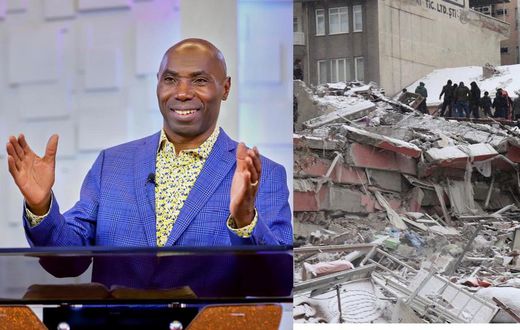 A collage of Prophet Kakande and a scene from the earthquake