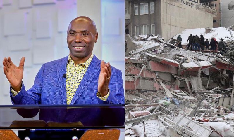 A collage of Prophet Kakande and a scene from the earthquake