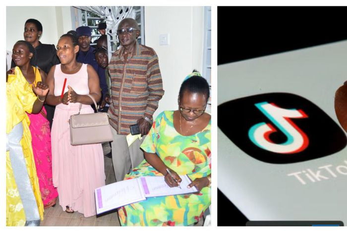 Col Jacob Asiiwe (striped shirt) at the hand over of the new house to veteran Enid Lwanyaga in Wakiso