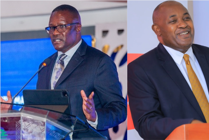 Kenya ICT Cabinet Secretary Eliud Owalo (L), Uganda ICT and National Guidance Minister Chris Baryomunsi (R)