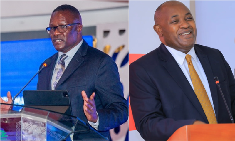 Kenya ICT Cabinet Secretary Eliud Owalo (L), Uganda ICT and National Guidance Minister Chris Baryomunsi (R)