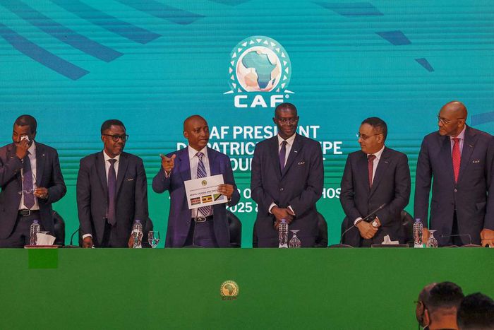 Patrice Motsepe (2nd-L), president of the Confederation of African Football, announces the host countries for the 2027 Africa Cup of Nations during a ceremony held in Cairo, Egypt on September 27, 2023. PHOTO | KHALED DESOUKI | AFP