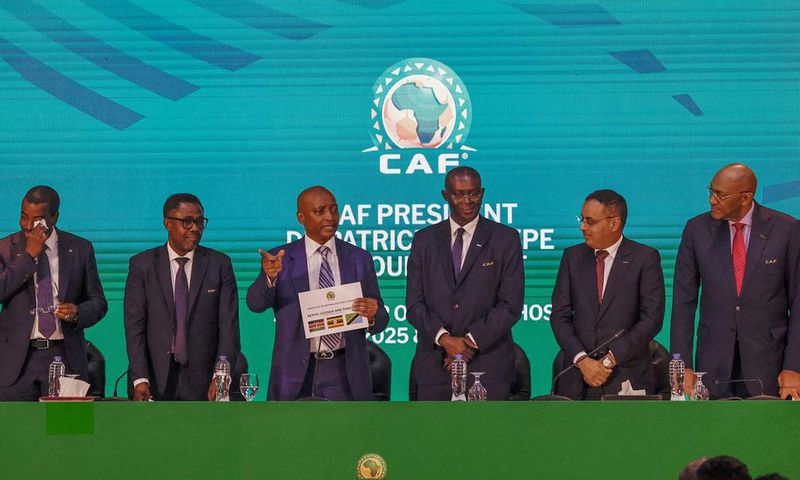 Patrice Motsepe (2nd-L), president of the Confederation of African Football, announces the host countries for the 2027 Africa Cup of Nations during a ceremony held in Cairo, Egypt on September 27, 2023. PHOTO | KHALED DESOUKI | AFP