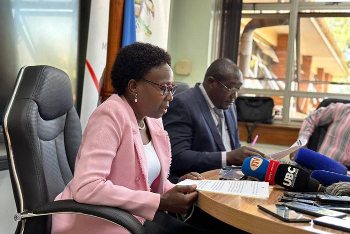 Health Minister Dr Jane Ruth Aceng addressing press on Monday in Kampala