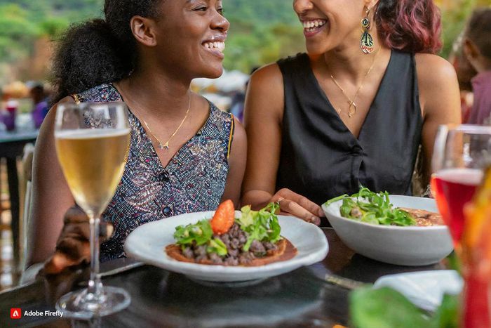 Firefly Women talking at a restaurant in Kenya One is laughing, one is looking down 6696