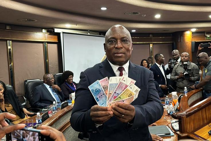 John Mushayavanhu, Governor of the Reserve Bank of Zimbabwe, presents the new national currency Zimbabwe Gold, or ZiG.Columbus Mavhunga/picture alliance/Getty Images