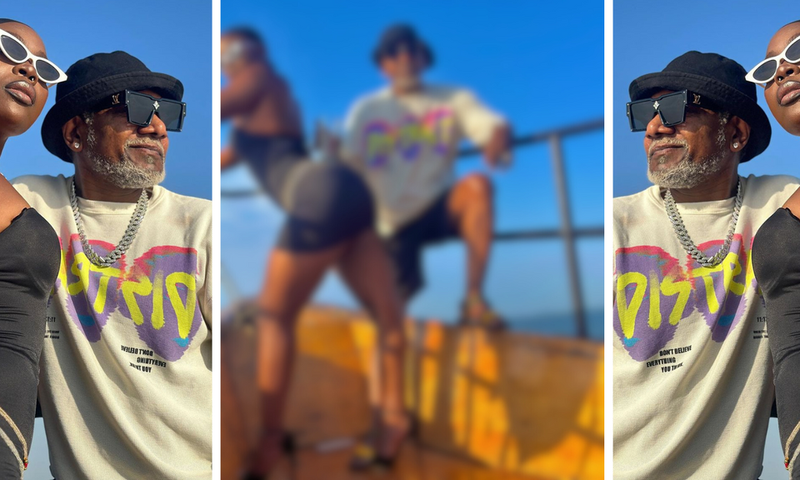 Awilo Longomba retires drink on Ritah Dancehall's backside on sailing excursion/Instagram