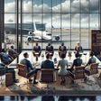An illustration of a diverse group of African billionaires in a corporate boardroom, with an airport and a private jet visible in the background.