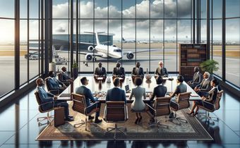 An illustration of a diverse group of African billionaires in a corporate boardroom, with an airport and a private jet visible in the background.