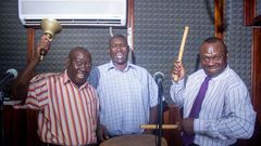Kato Lubwama with colleagues Abby Mukiibi and Abu Kawenja in the Kalisoliso morning show