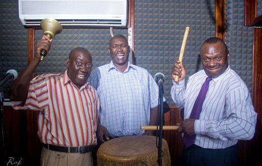 Kato Lubwama with colleagues Abby Mukiibi and Abu Kawenja in the Kalisoliso morning show