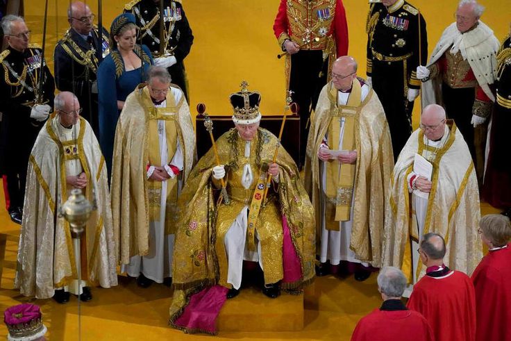 Britain's King Charles III receives The St Edward's Crown during his coronation ceremony at Westminster Abbey