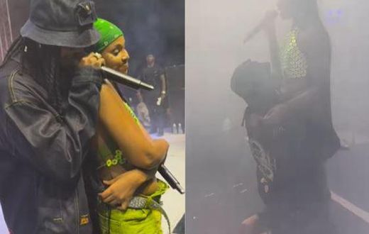 A collage image showing the moment when Diamond joined Zuchu on stage and went down on his knees