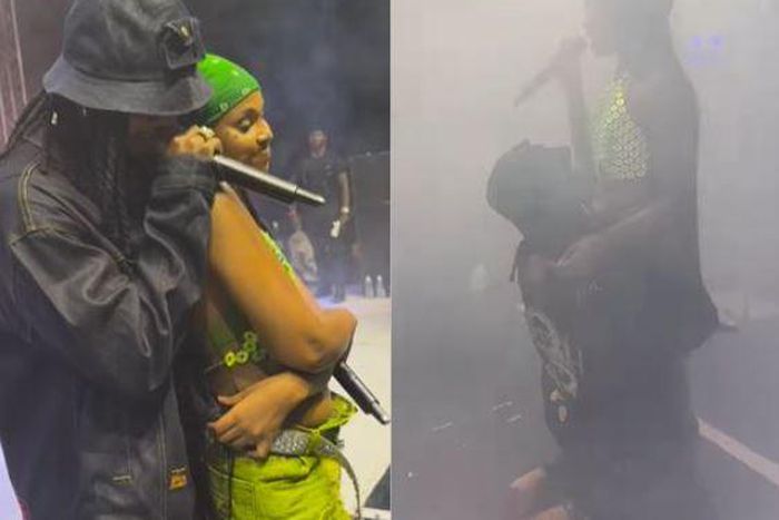 A collage image showing the moment when Diamond joined Zuchu on stage and went down on his knees