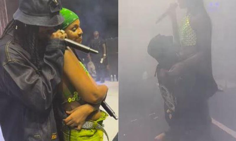 A collage image showing the moment when Diamond joined Zuchu on stage and went down on his knees