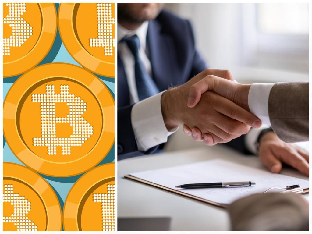 An illustration of bitcoin, left, and a stock image of two men shaking after signing a rental agreement.Getty Images