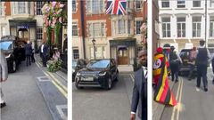 Amama Mbabazi was filmed departing his hotel in London