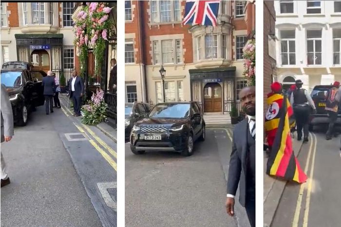 Amama Mbabazi was filmed departing his hotel in London