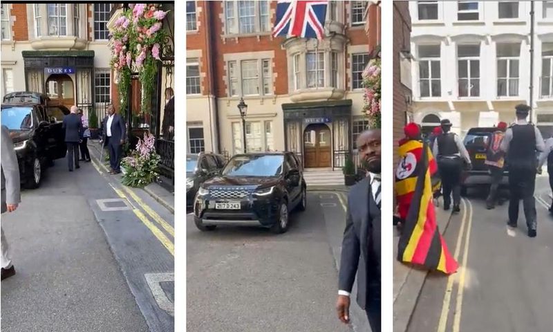 Amama Mbabazi was filmed departing his hotel in London