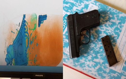 The  gun (R) was scanned as shown on the desktop screen (L)