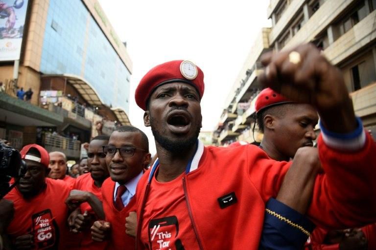 Kyagulanyi, better known as Bobi Wine, pictured on July 11 at a protest in Kampala over plans to impose a tax on social media. The 36-year-old singer was elected to Uganda's parliament last year