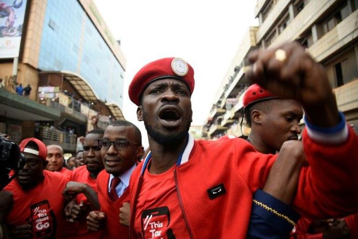 Kyagulanyi, better known as Bobi Wine, pictured on July 11 at a protest in Kampala over plans to impose a tax on social media. The 36-year-old singer was elected to Uganda's parliament last year